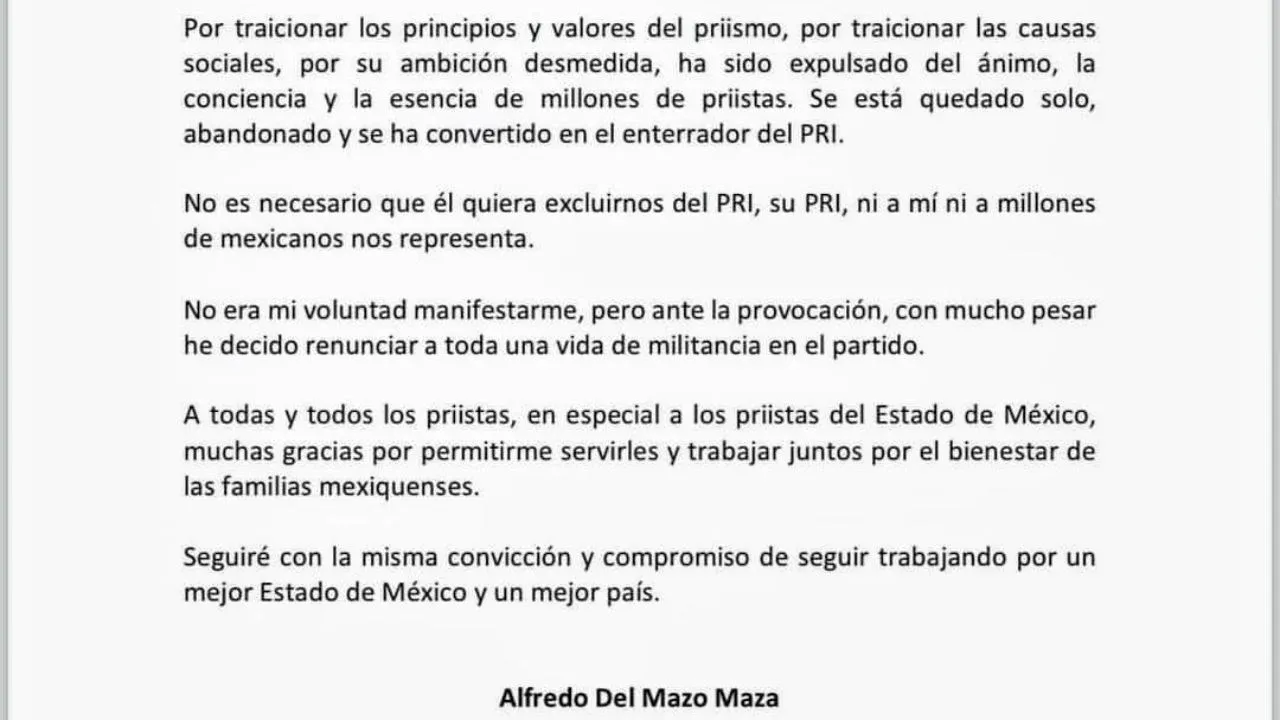 Expulsa PRI a Alfredo del Mazo, comisión permanente vota por unanimidad