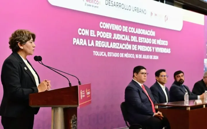 Gobernadora Delfina Gómez Álvarez firma convenio con el Poder Judicial para regularizar predios y viviendas a bajo costo en el Edomex