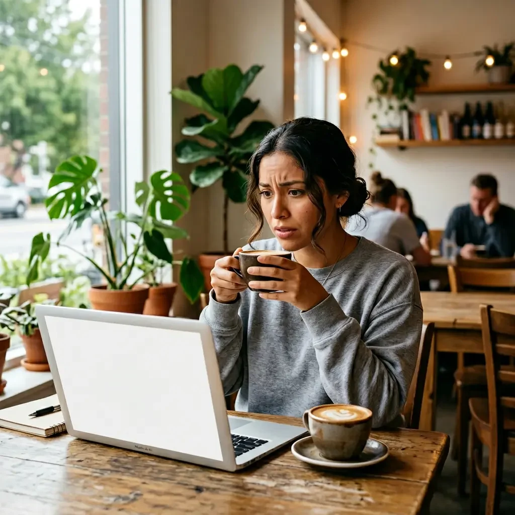 Mujer mexicana en cafetería preocupada porque Canva no funciona