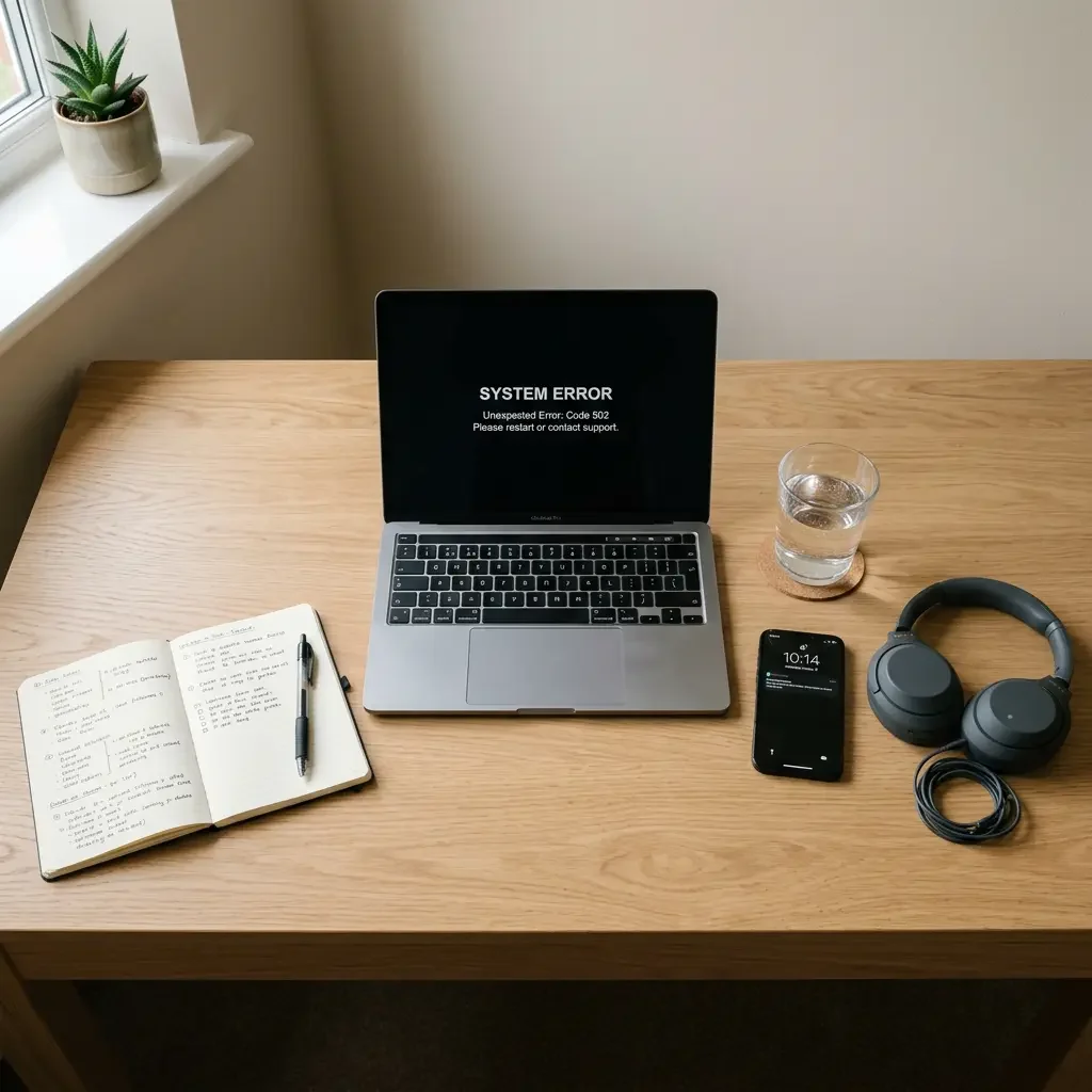 Escritorio con laptop mostrando error mientras Canva no carga
