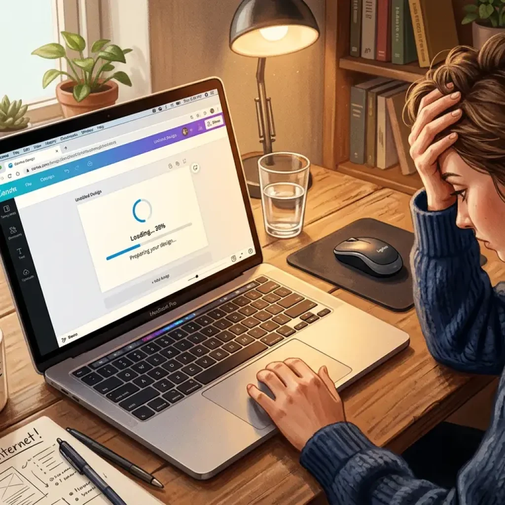 Pantalla de laptop mostrando Canva muy lento con barra de carga