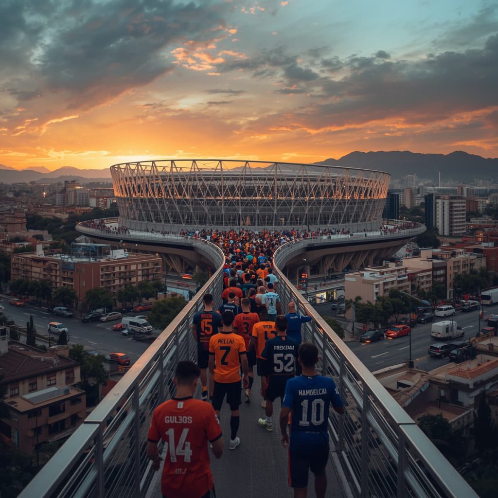 Aficionados caminando hacia el Estadio Azteca el dia de partido