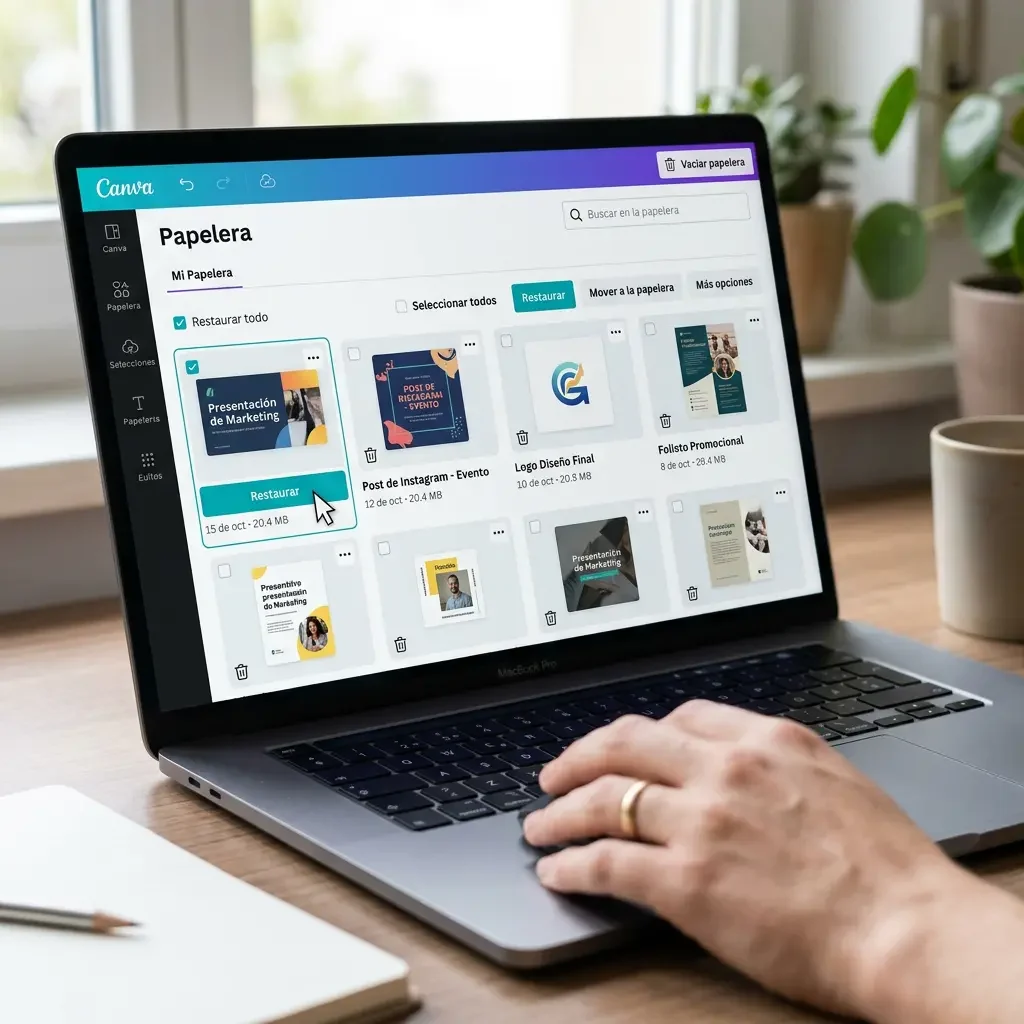 Cómo recuperar diseños Canva desde la papelera con el botón Restaurar visible