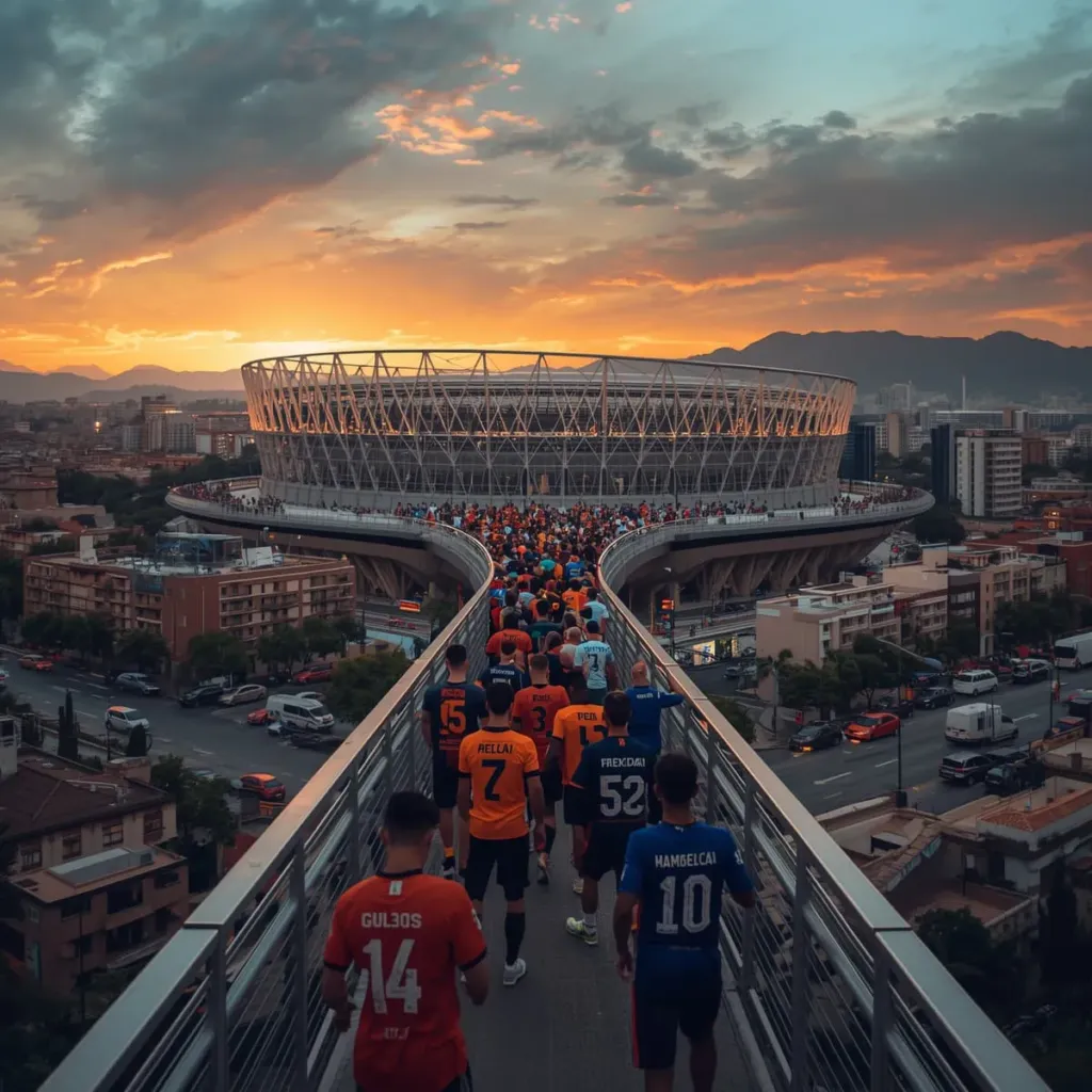 Aficionados caminando hacia el Estadio Azteca el dia de partido
