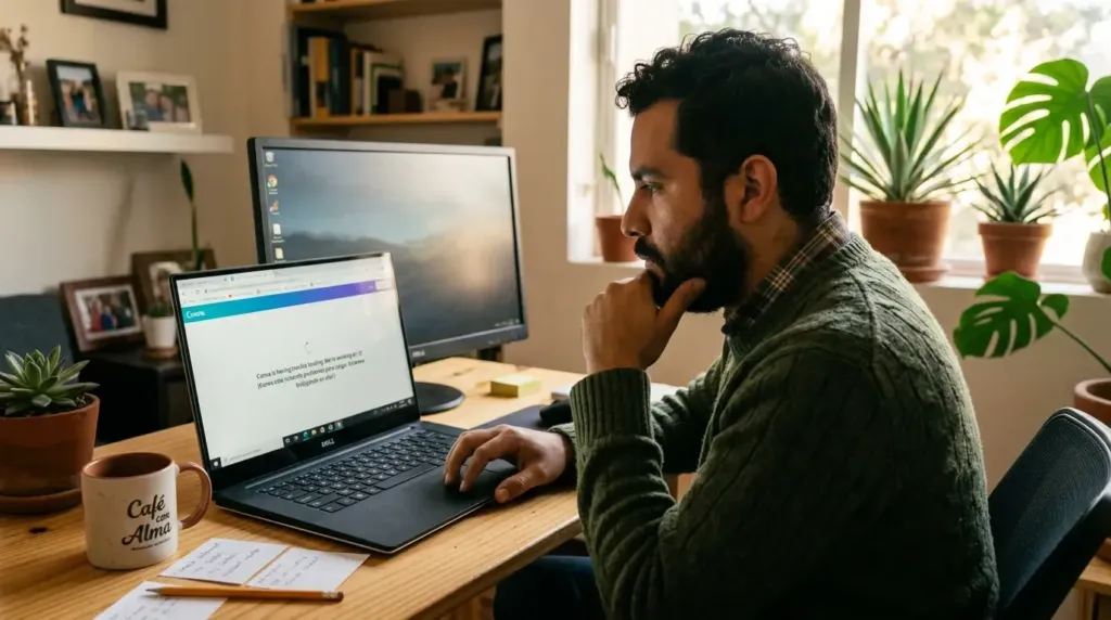 Usuario mexicano solucionando Canva error de carga en laptop con Chrome abierto