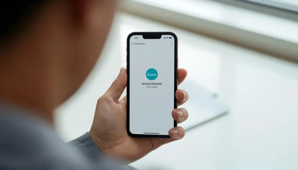 Persona usando Canva en navegador móvil con mensaje de acceso bloqueado, estilo fotorealista, escritorio sencillo, iluminación suave y composición horizontal.
