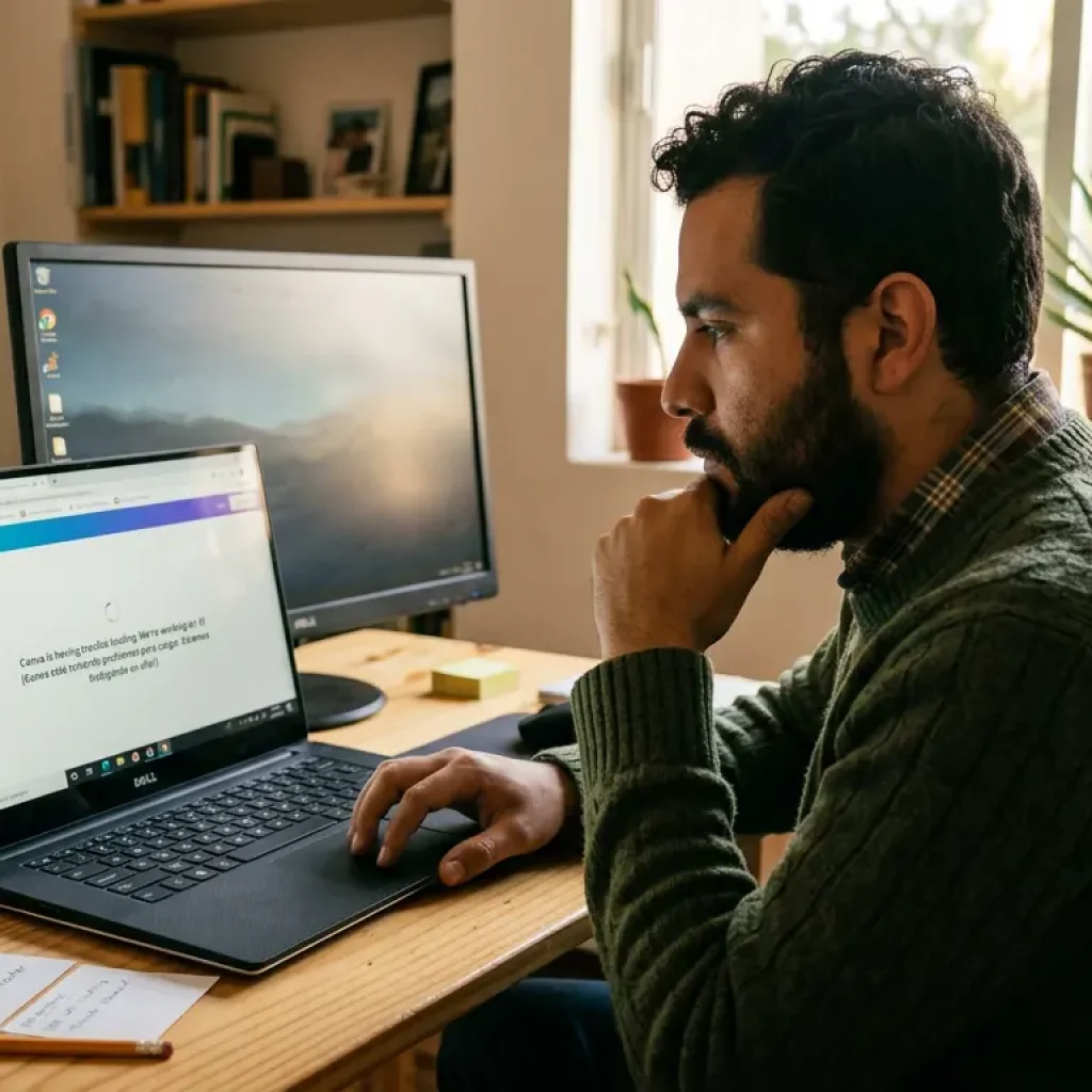 Usuario mexicano solucionando Canva error de carga en laptop con Chrome abierto