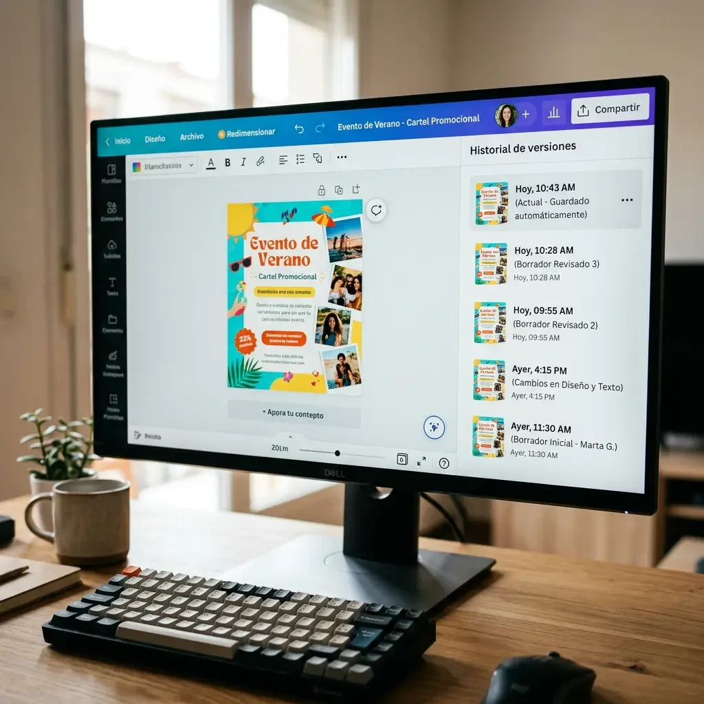 Freelancer revisando el historial de versiones para recuperar diseños Canva en Pro