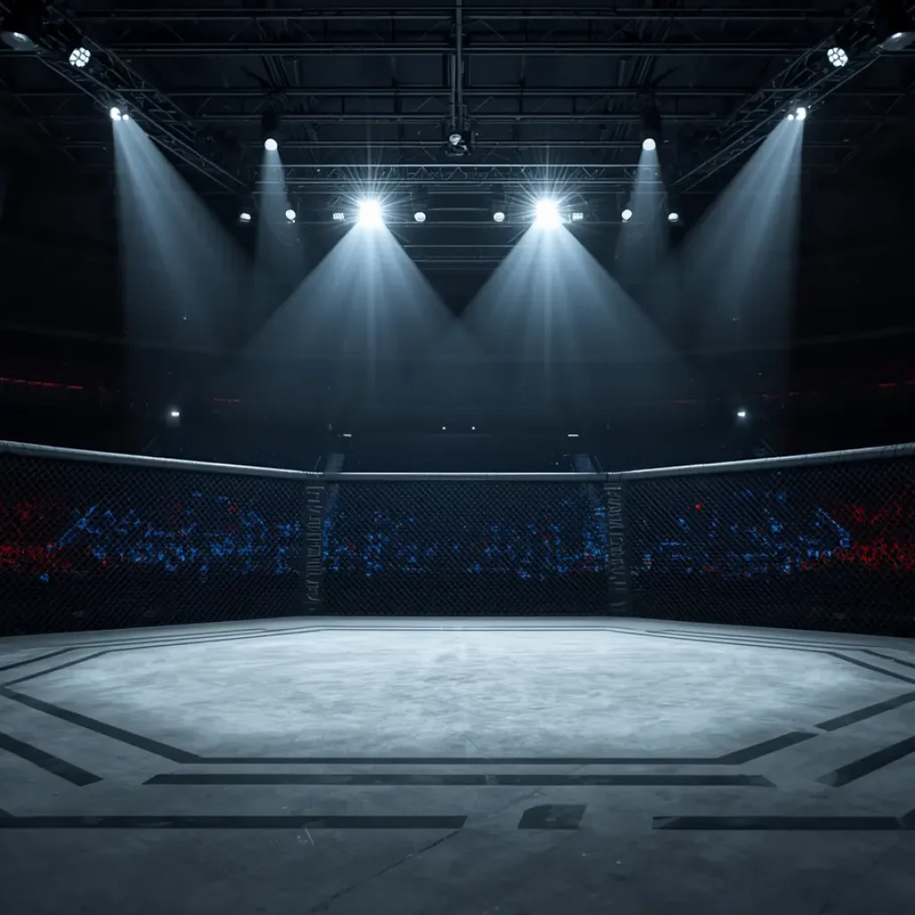 Octágono UFC iluminado antes de la pelea estelar Chimaev vs Strickland