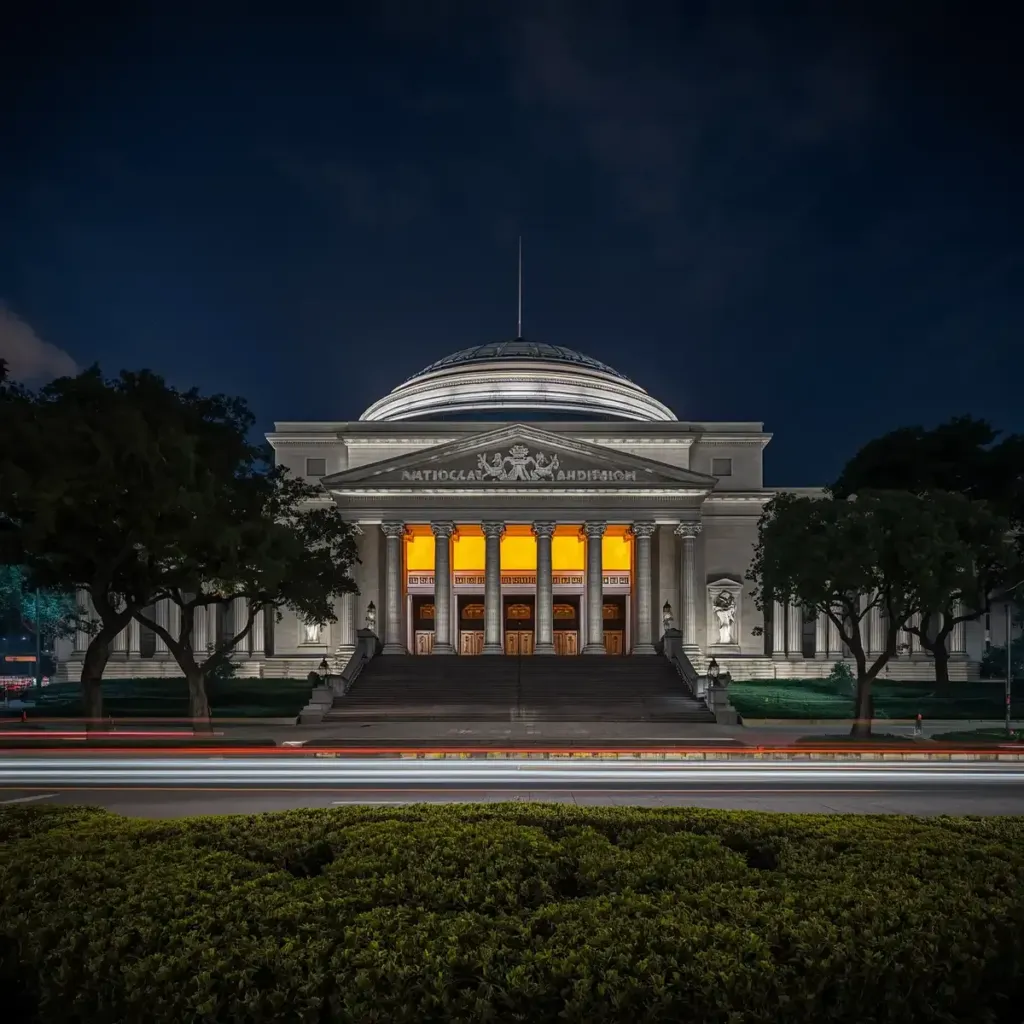 Cartelera del Auditorio Nacional 2026 con la fachada del recinto iluminada de noche