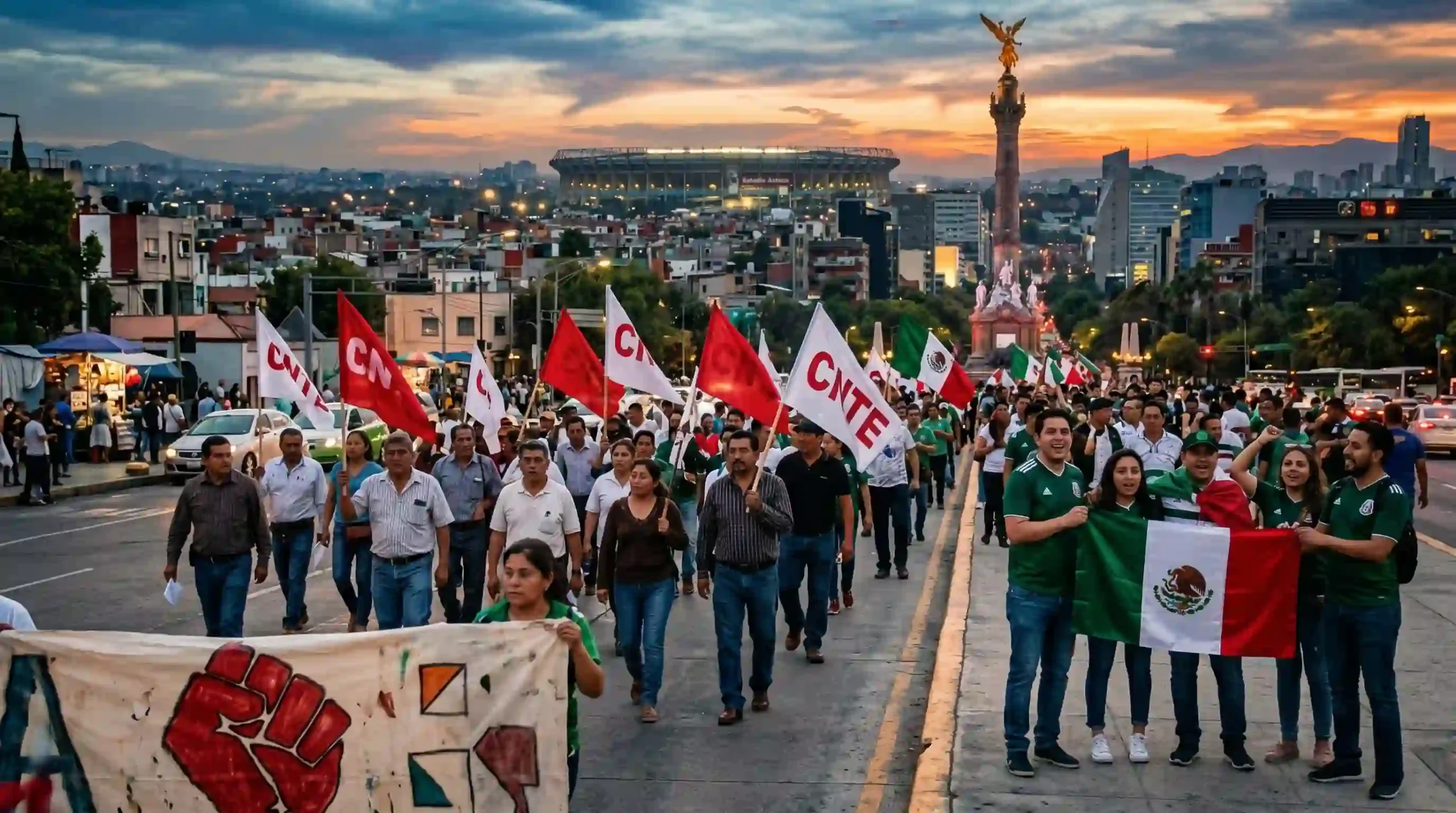 Integrantes de la CNTE durante una manifestación en calles de la Ciudad de México previo al Mundial 2026.
