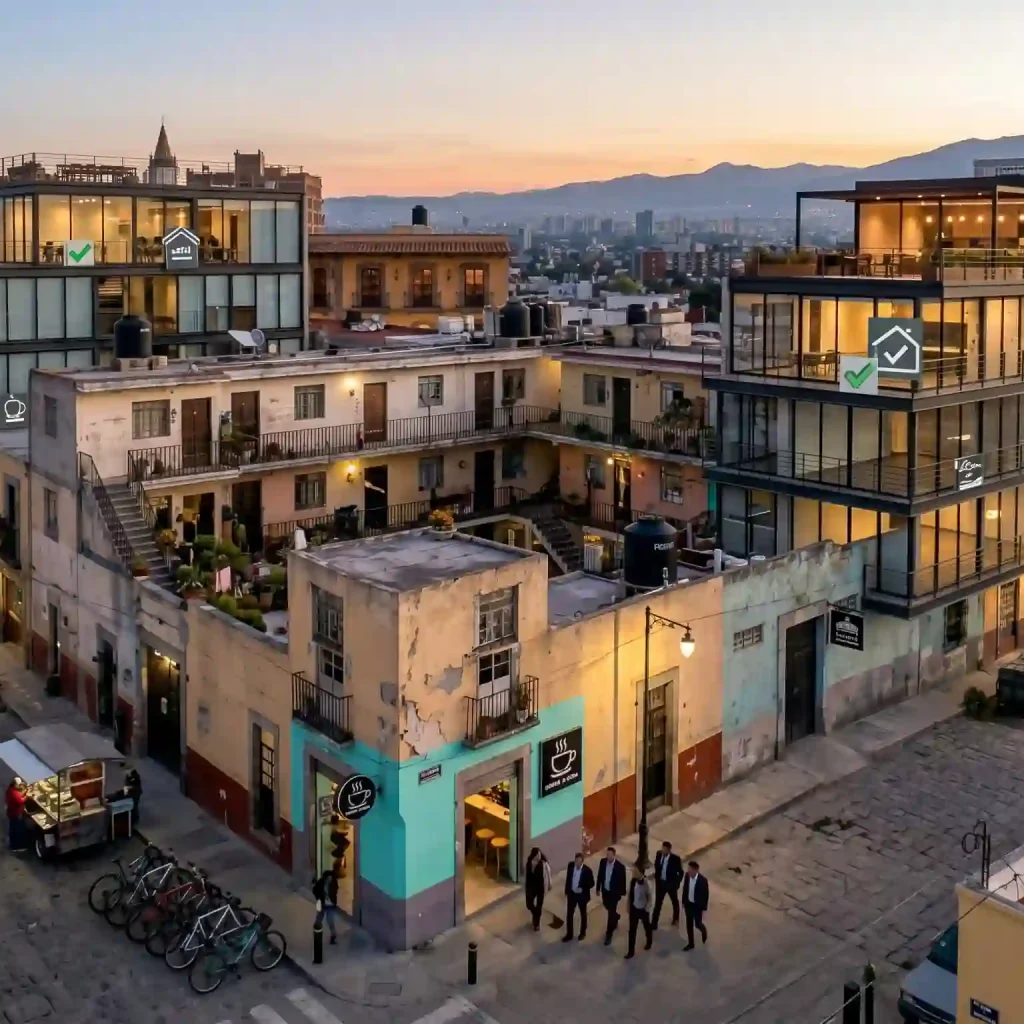 Edificios residenciales y comerciales en una zona de crecimiento de la CDMX