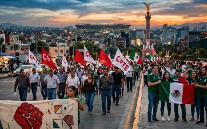 Integrantes de la CNTE durante una manifestación en calles de la Ciudad de México previo al Mundial 2026.