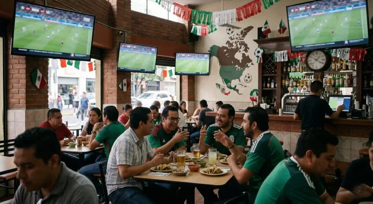 Restaurante con pantallas de fútbol durante los preparativos para el Mundial 2026 en México