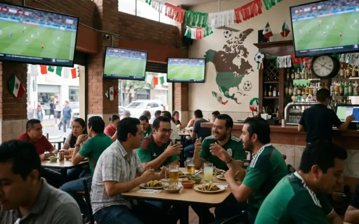 Restaurante con pantallas de fútbol durante los preparativos para el Mundial 2026 en México.