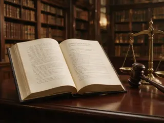 Constitución Política de los Estados Unidos Mexicanos abierta junto a un mazo de juez y una balanza de la justicia en un despacho jurídico.