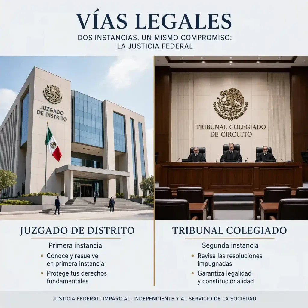Comparativa visual entre la fachada de un Juzgado de Distrito para amparo indirecto y la sala de un Tribunal Colegiado para amparo directo.