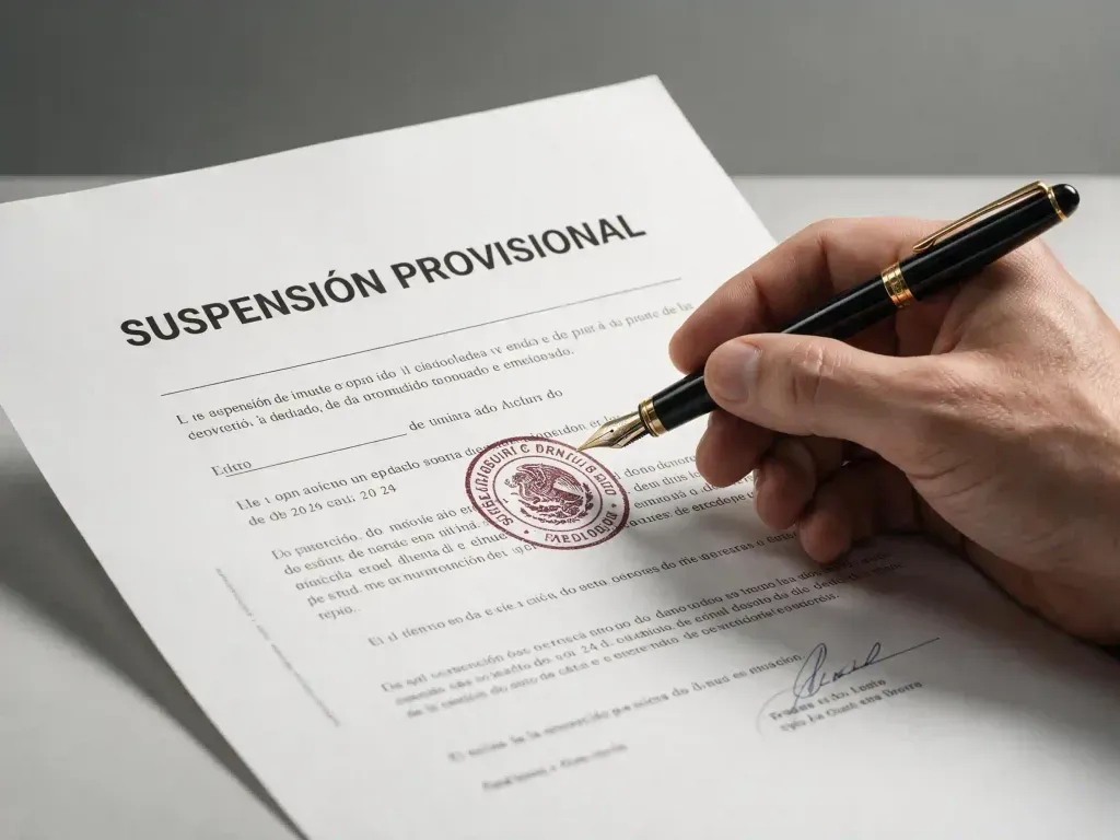 Documento legal con sello oficial y resolución de suspensión provisional de amparo sobre el escritorio de un abogado.