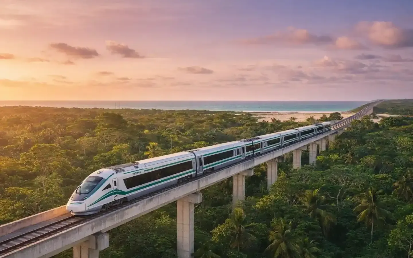 Tren Maya circulando sobre vía férrea rodeada de selva y vegetación en el sureste mexicano.
