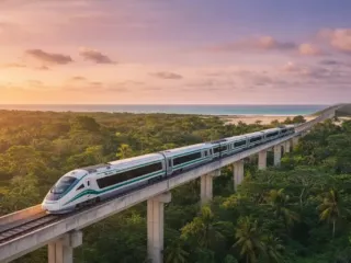 Tren Maya circulando sobre vía férrea rodeada de selva y vegetación en el sureste mexicano.