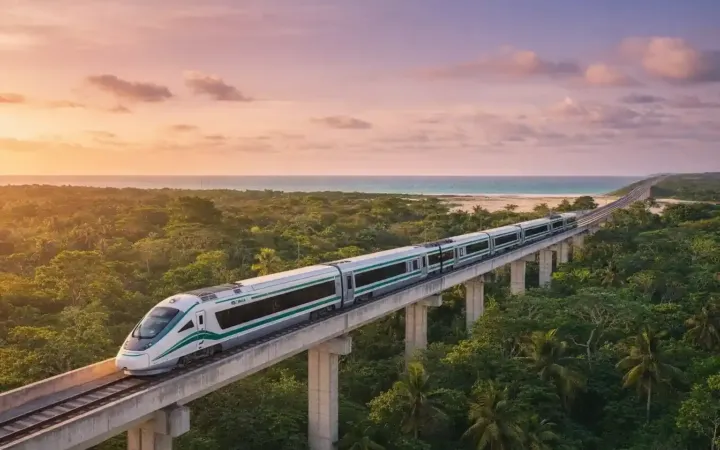Tren Maya circulando sobre vía férrea rodeada de selva y vegetación en el sureste mexicano.