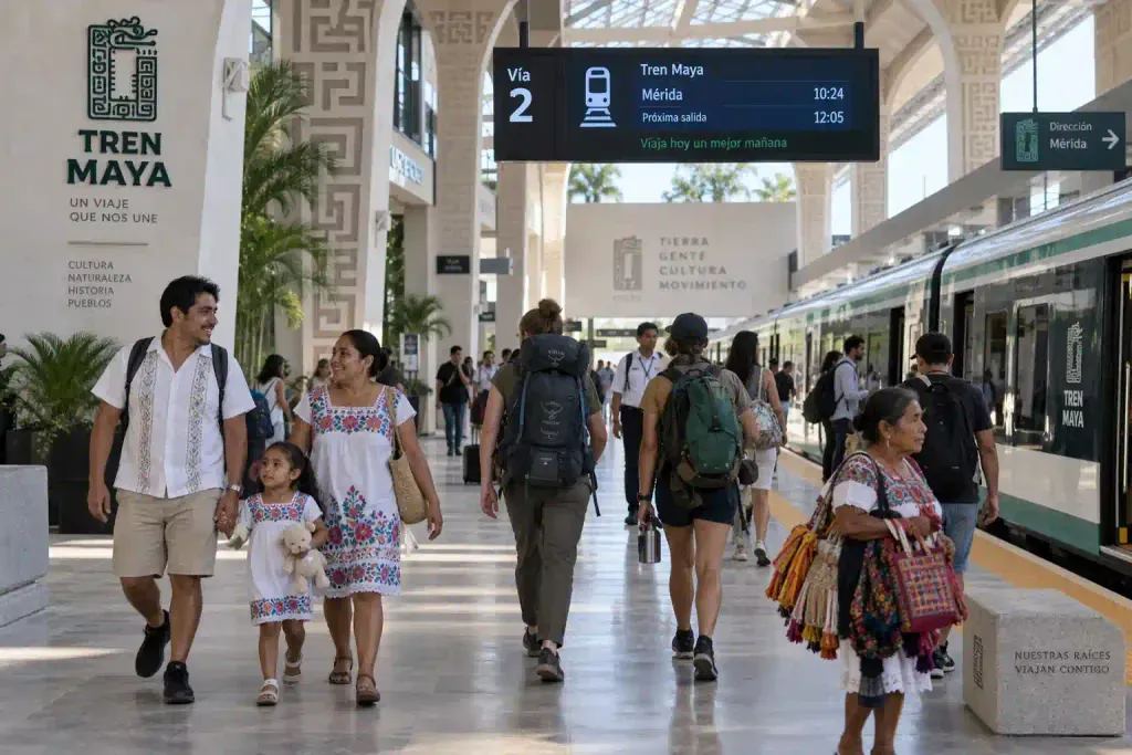 Pasajeros y turistas en el andén de una moderna estación del Tren Maya en la península de Yucatán.
