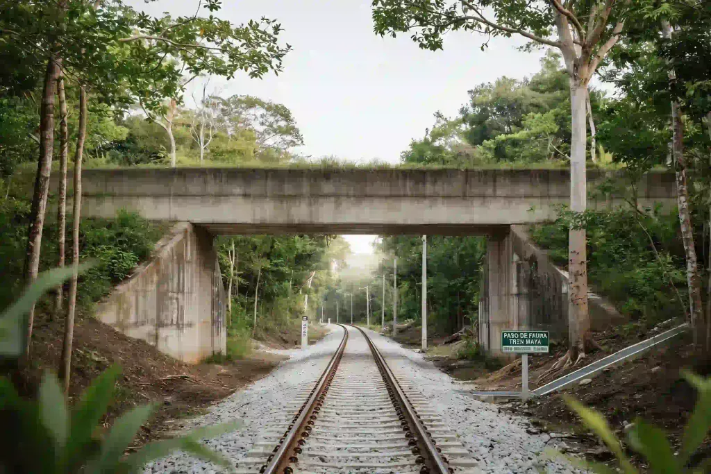 Paso de fauna ecológico con vegetación nativa sobre las vías del ferrocarril para proteger la biodiversidad de la selva.
