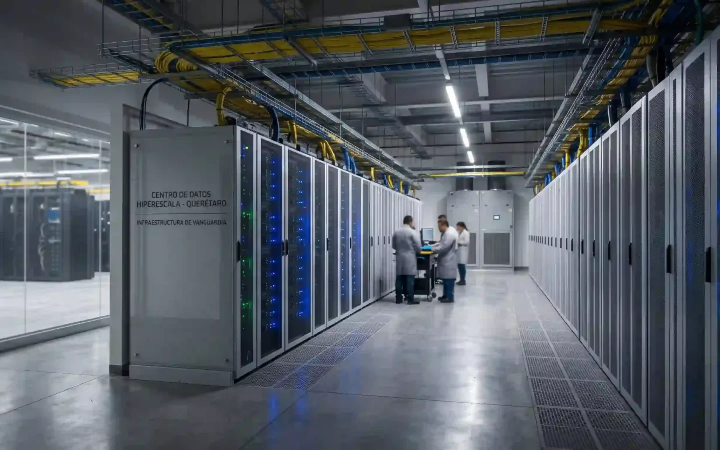 Pasillo de servidores de alta densidad con iluminación LED en un centro de datos hiperescala en Querétaro para infraestructura en la nube e Inteligencia Artificial.