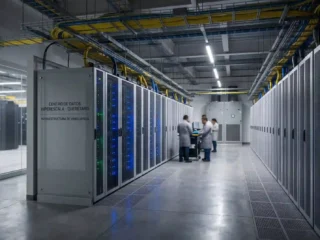 Pasillo de servidores de alta densidad con iluminación LED en un centro de datos hiperescala en Querétaro para infraestructura en la nube e Inteligencia Artificial.