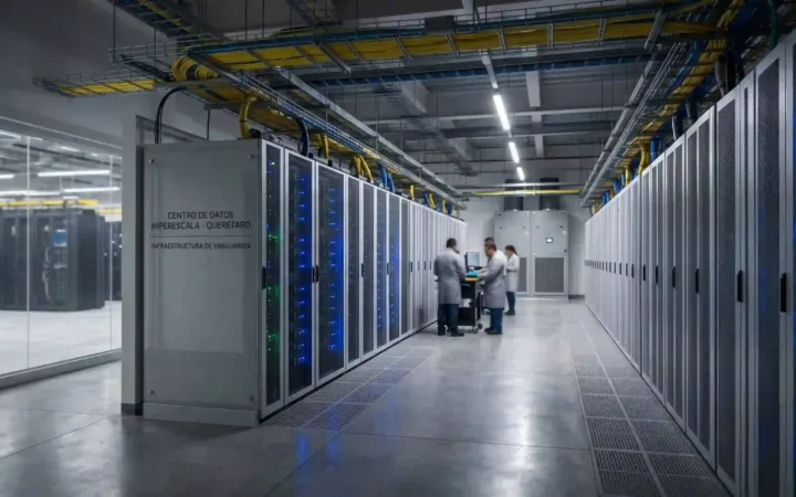 Pasillo de servidores de alta densidad con iluminación LED en un centro de datos hiperescala en Querétaro para infraestructura en la nube e Inteligencia Artificial.