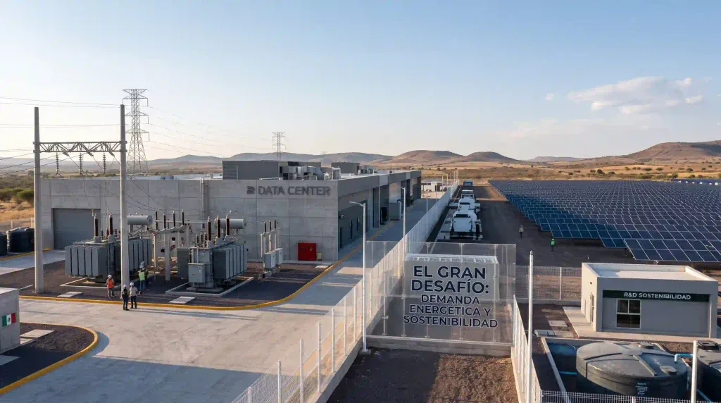 Instalaciones de un centro de datos moderno con subestación eléctrica de alta potencia y parque de paneles solares para energía limpia en el Bajío.