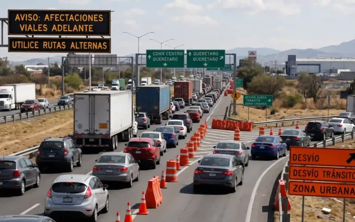 Filas de vehículos detenidos en autopista y desvío hacia rutas alternas por afectaciones viales y bloqueos carreteros