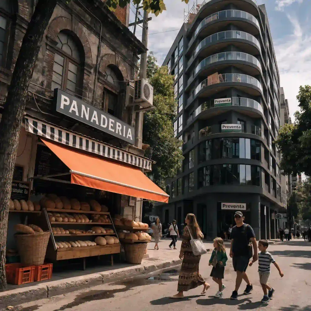 Construcción de nuevos edificios de departamentos residenciales junto a comercios tradicionales en Santa María la Ribera.