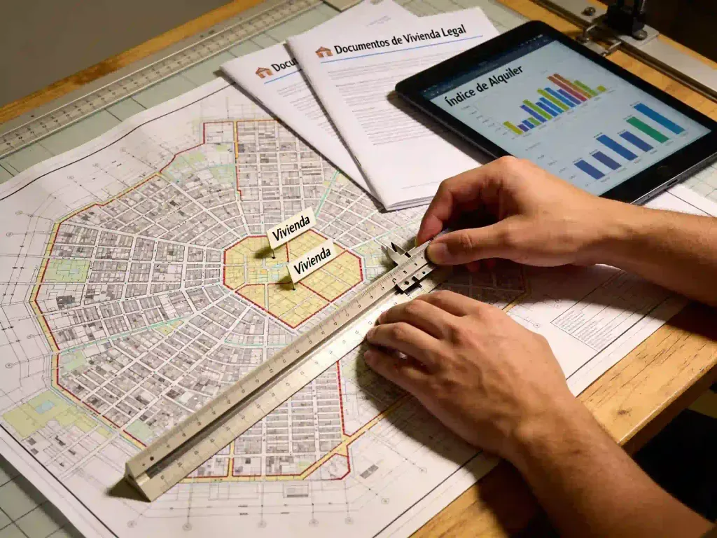 Planos de desarrollo urbano, mapas de zonificación y análisis de vivienda sobre una mesa de trabajo.
