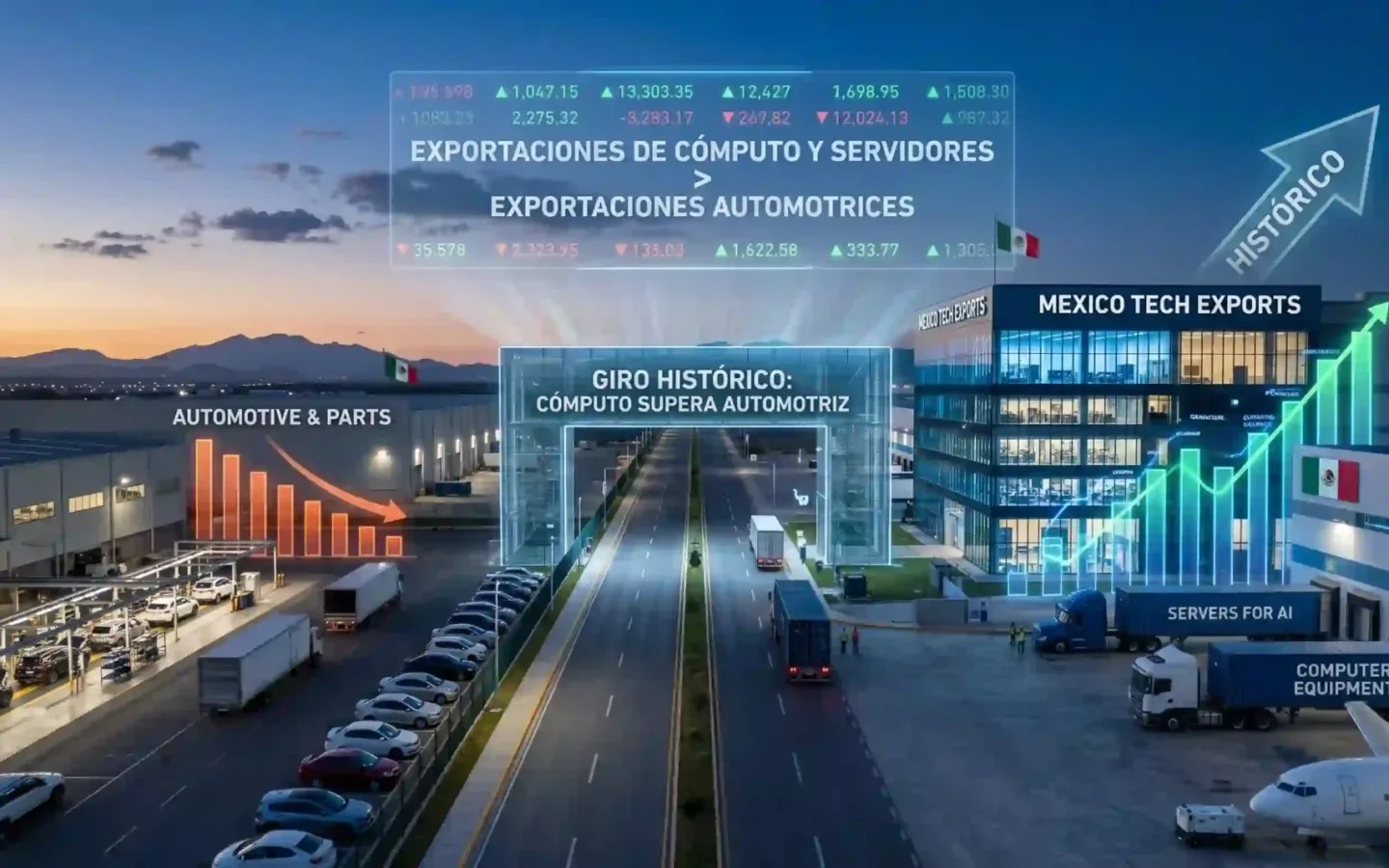 Gráfico ilustrativo de una balanza comercial en México donde una pila de computadoras y servidores con Inteligencia Artificial pesan más que un automóvil de exportación.