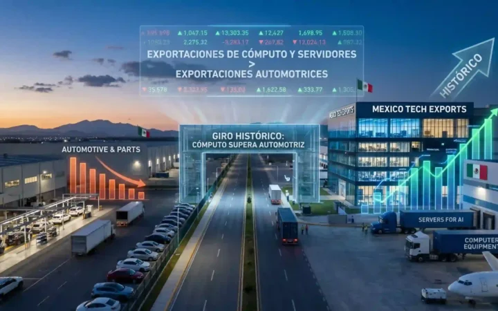 Gráfico ilustrativo de una balanza comercial en México donde una pila de computadoras y servidores con Inteligencia Artificial pesan más que un automóvil de exportación.
