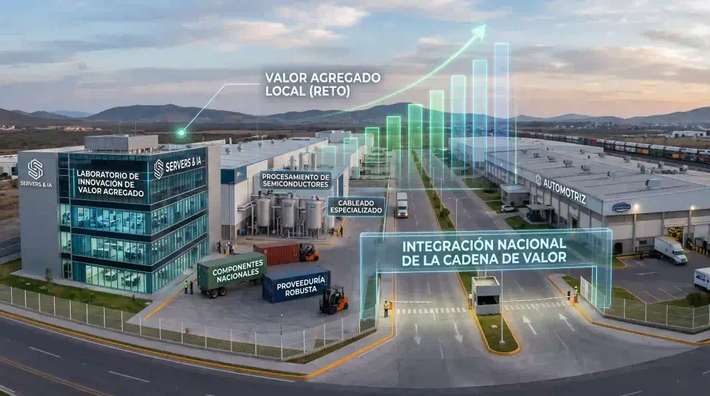 Infografía conceptual sobre la cadena de valor en México, mostrando el tránsito del ensamble de servidores a la producción nacional de semiconductores y software industrial.