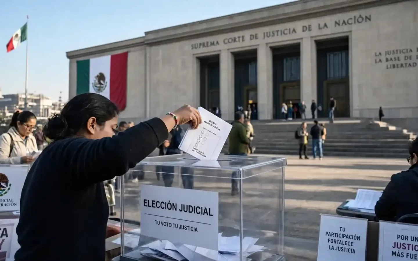 Ciudadano depositando su voto en una urna transparente durante la elección por voto popular de jueces y magistrados con la Suprema Corte de fondo.