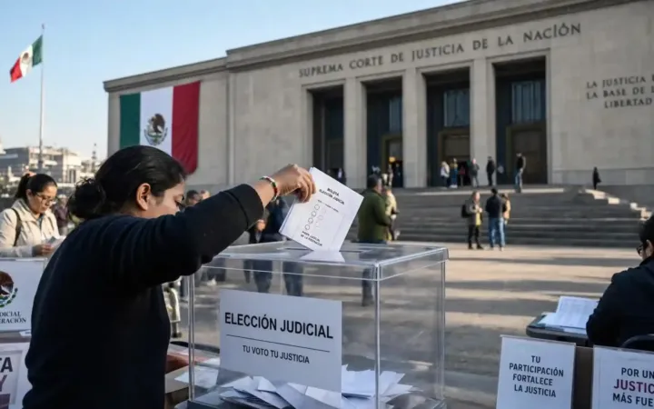 Ciudadano depositando su voto en una urna transparente durante la elección por voto popular de jueces y magistrados con la Suprema Corte de fondo.