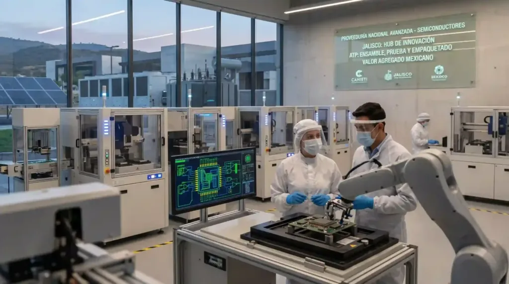 Ingenieros y brazos robóticos en planta industrial de alta tecnología colaborando en pruebas de empaquetado avanzado y proveeduría nacional de semiconductores.
