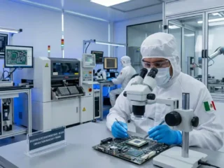 Ingeniero en sala limpia de alta tecnología inspeccionando un microchip avanzado sobre placa de circuito integrado con microscopio y pinzas de precisión.