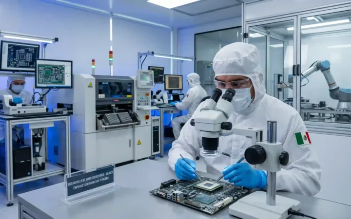Ingeniero en sala limpia de alta tecnología inspeccionando un microchip avanzado sobre placa de circuito integrado con microscopio y pinzas de precisión.