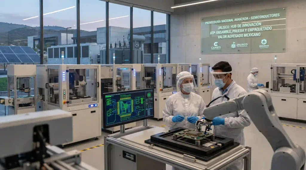 Ingenieros y brazos robóticos en planta industrial de alta tecnología colaborando en pruebas de empaquetado avanzado y proveeduría nacional de semiconductores.