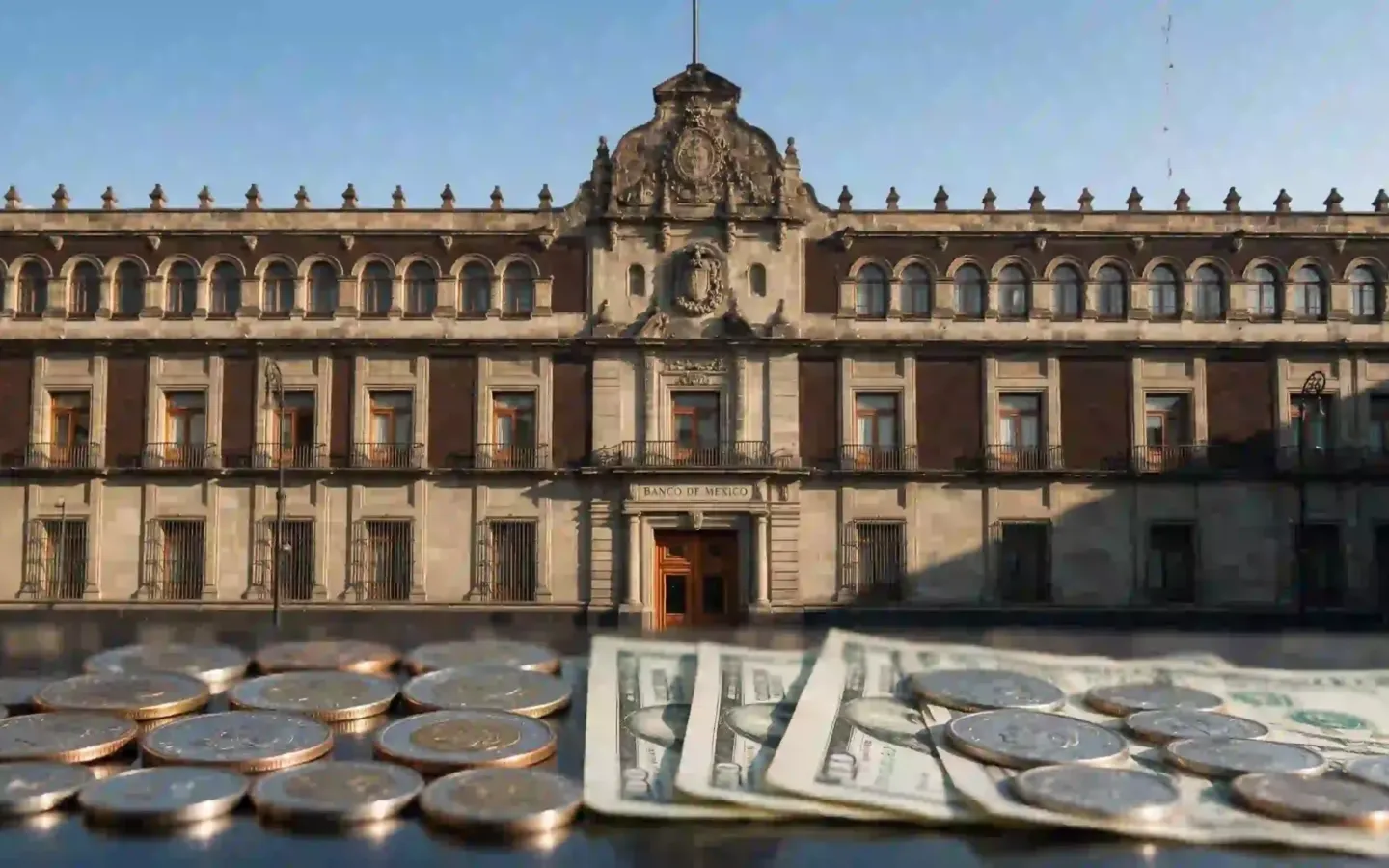 Fachada del edificio sede del Banco de México en el Centro Histórico con divisas internacionales y monedas mexicanas en primer plano.