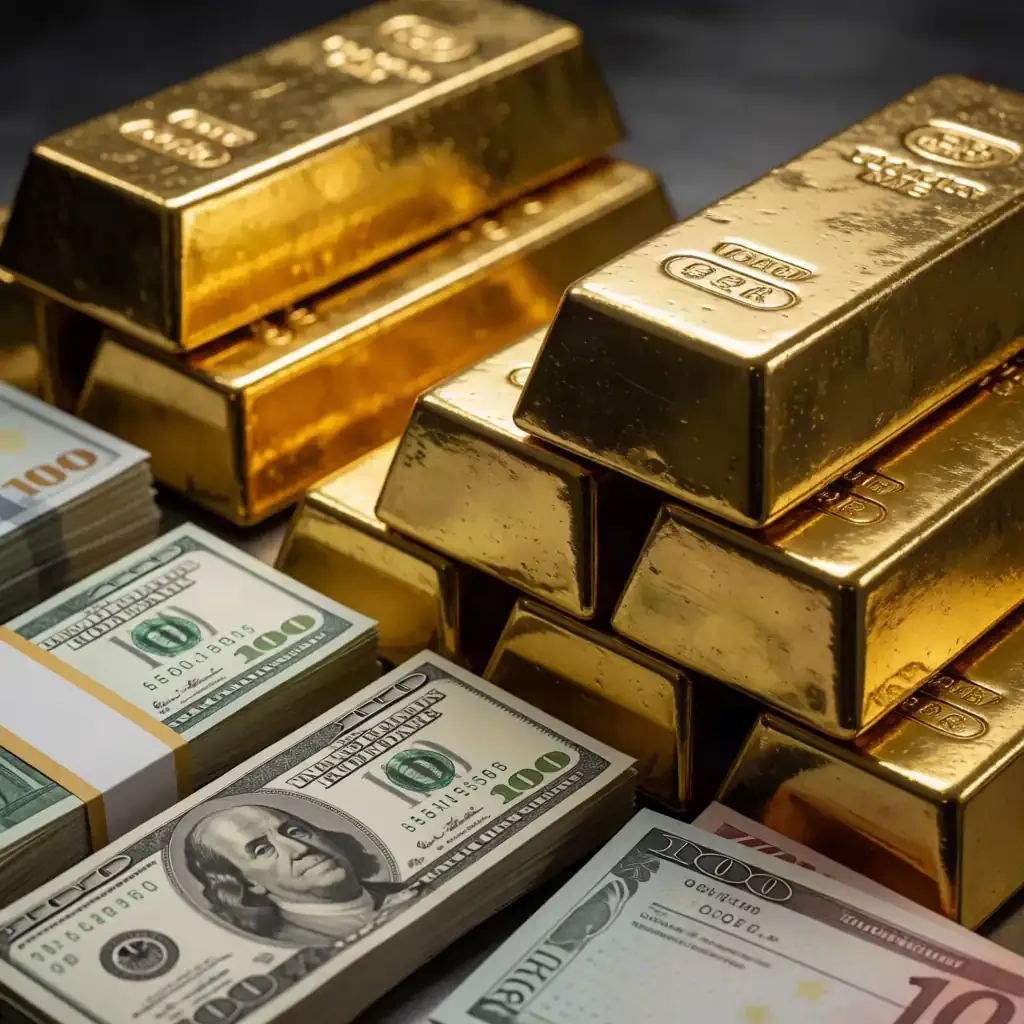 Lingotes de oro monetario y paquetes de divisas internacionales en una bóveda de reserva financiera de banco central.