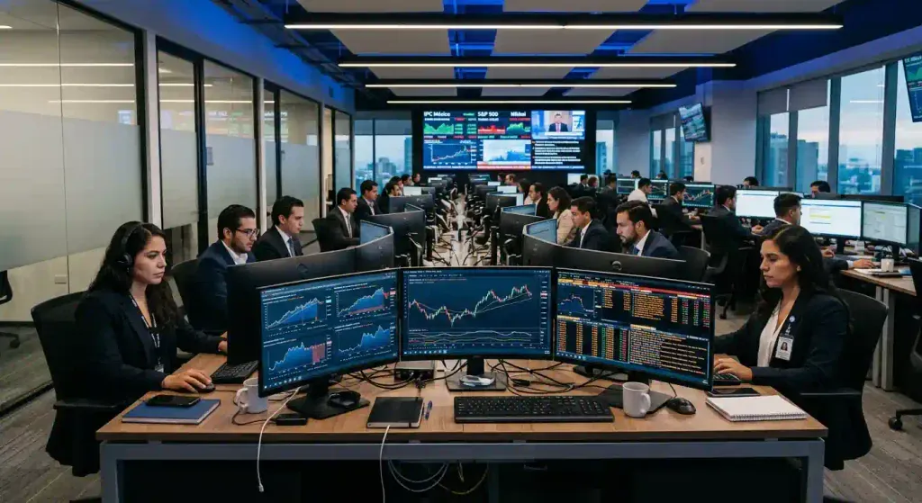 Monitores con gráficas de tipo de cambio y análisis financiero en una sala de operaciones de mercado cambiario.