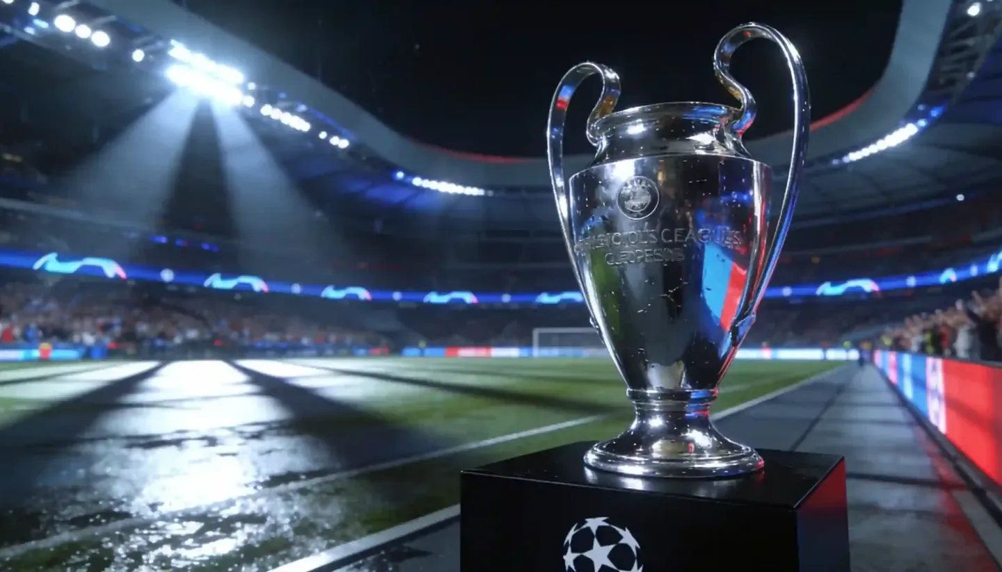 Trofeo de la UEFA Champions League en el terreno de juego bajo las luces de un estadio europeo.