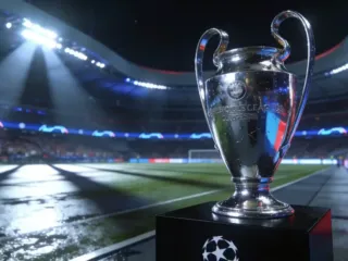 Trofeo de la UEFA Champions League en el terreno de juego bajo las luces de un estadio europeo.