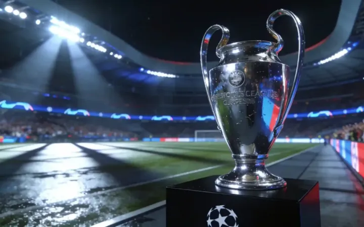 Trofeo de la UEFA Champions League en el terreno de juego bajo las luces de un estadio europeo.
