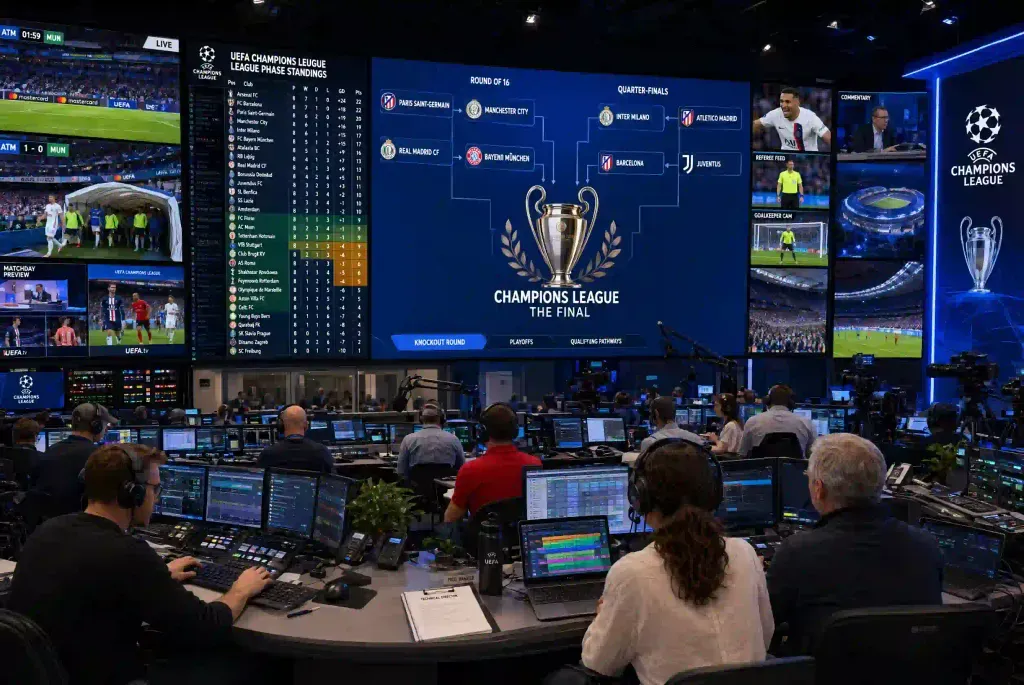Sala de control de transmisión deportiva con pantallas mostrando la tabla general y gráficos de la Champions League.